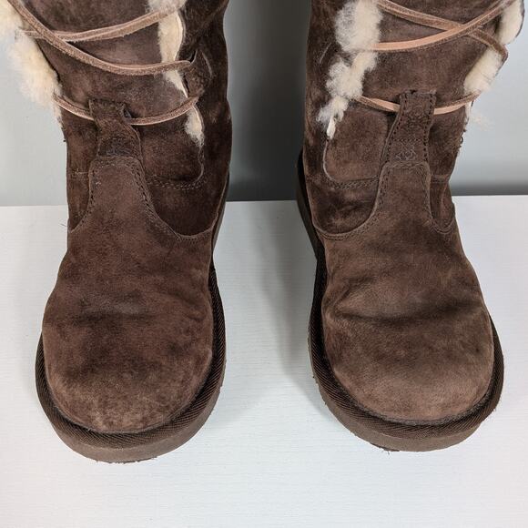 Ugg Tall Lace Up Boots 8 Brown Suede Whitley  Boho Shearling Fur Knee Sheep Ski - Picture 6 of 13